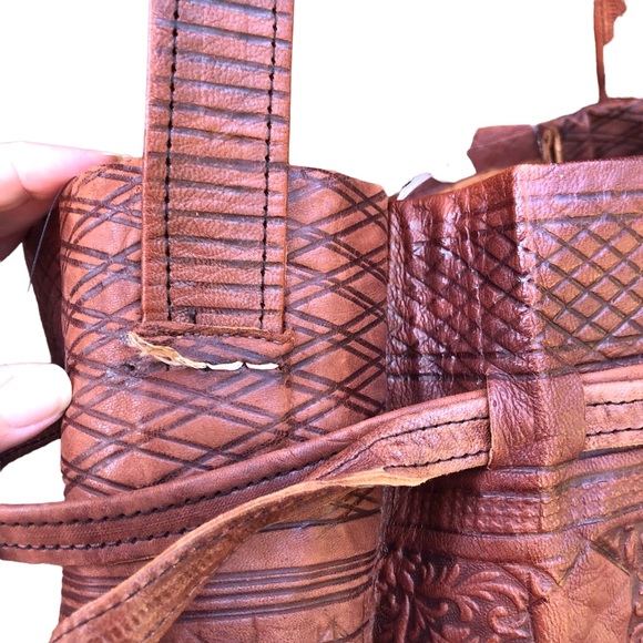 Tooled Vegan Leather Bag Hobo Slouch Drawstring Handmade Chestnut Brown - Picture 9 of 11